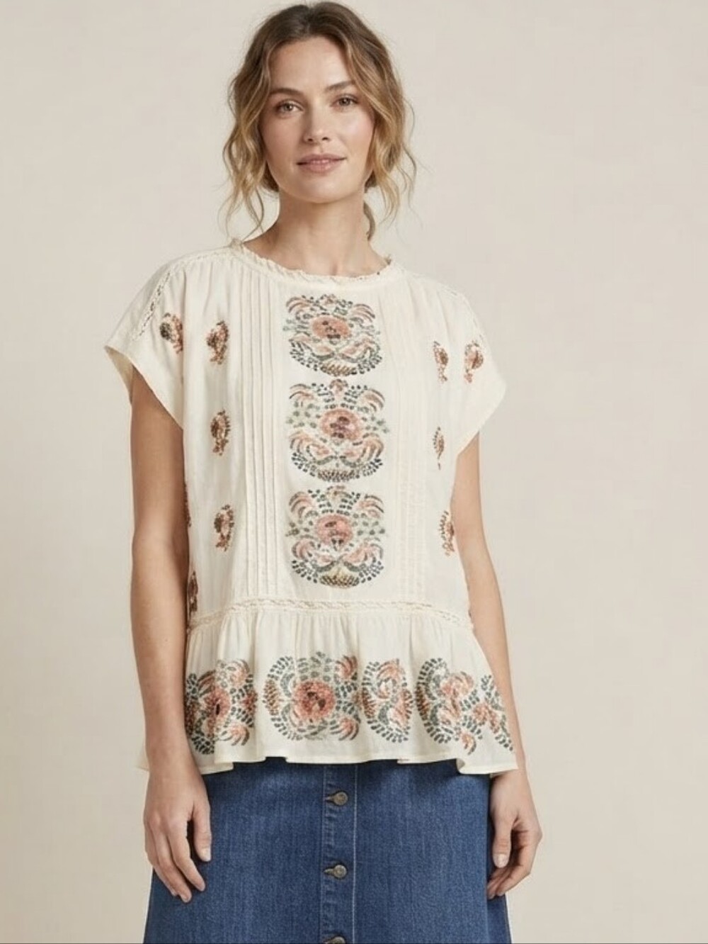 Sundance Boho Embroidered Peplum Top